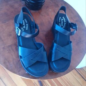 Kork-ease black leather and suede ankle strap wedges